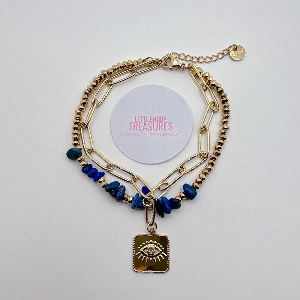 Natural stone double Stacking bracelet with evil eye pendant
